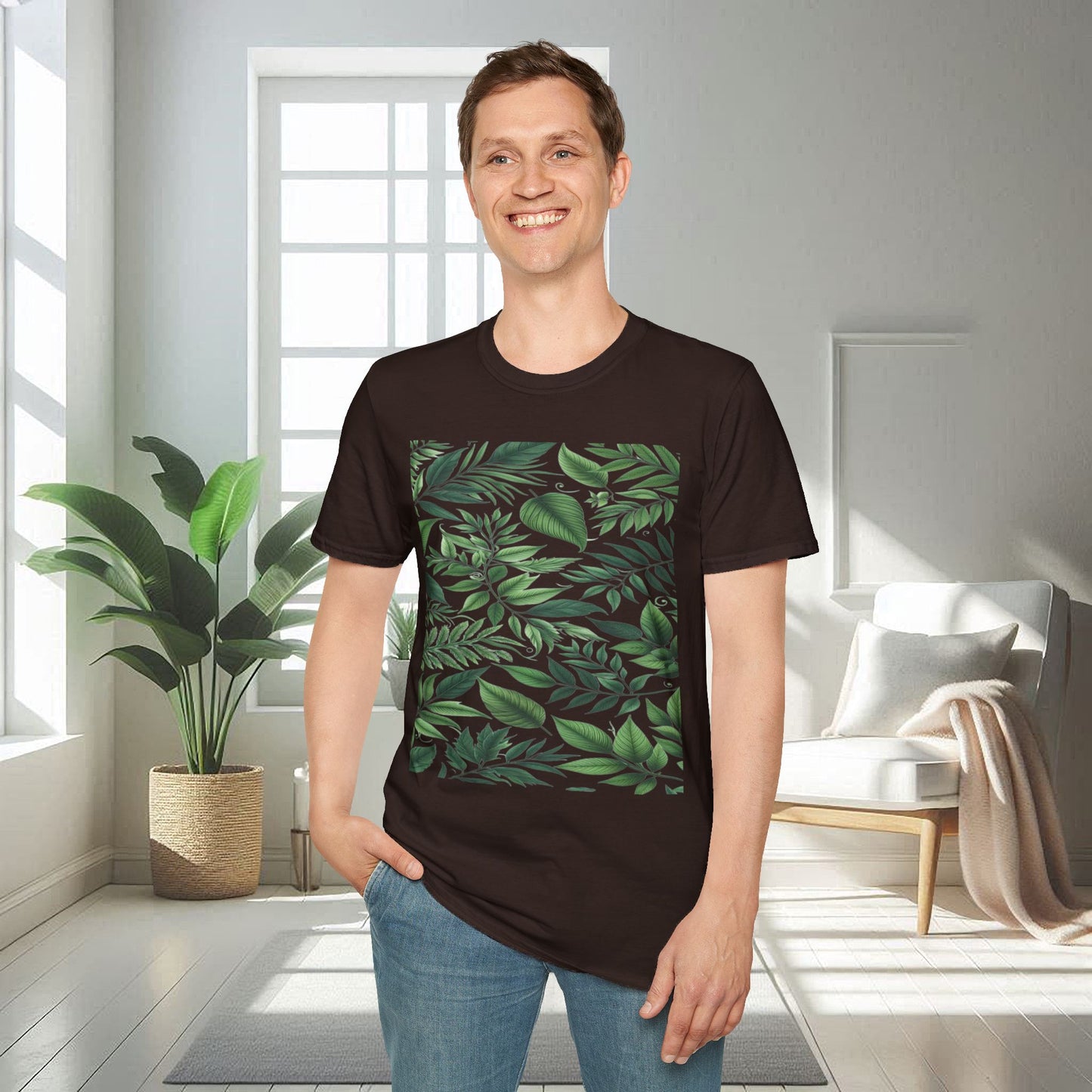 Camiseta unisex suave con diseño de hojas verdes