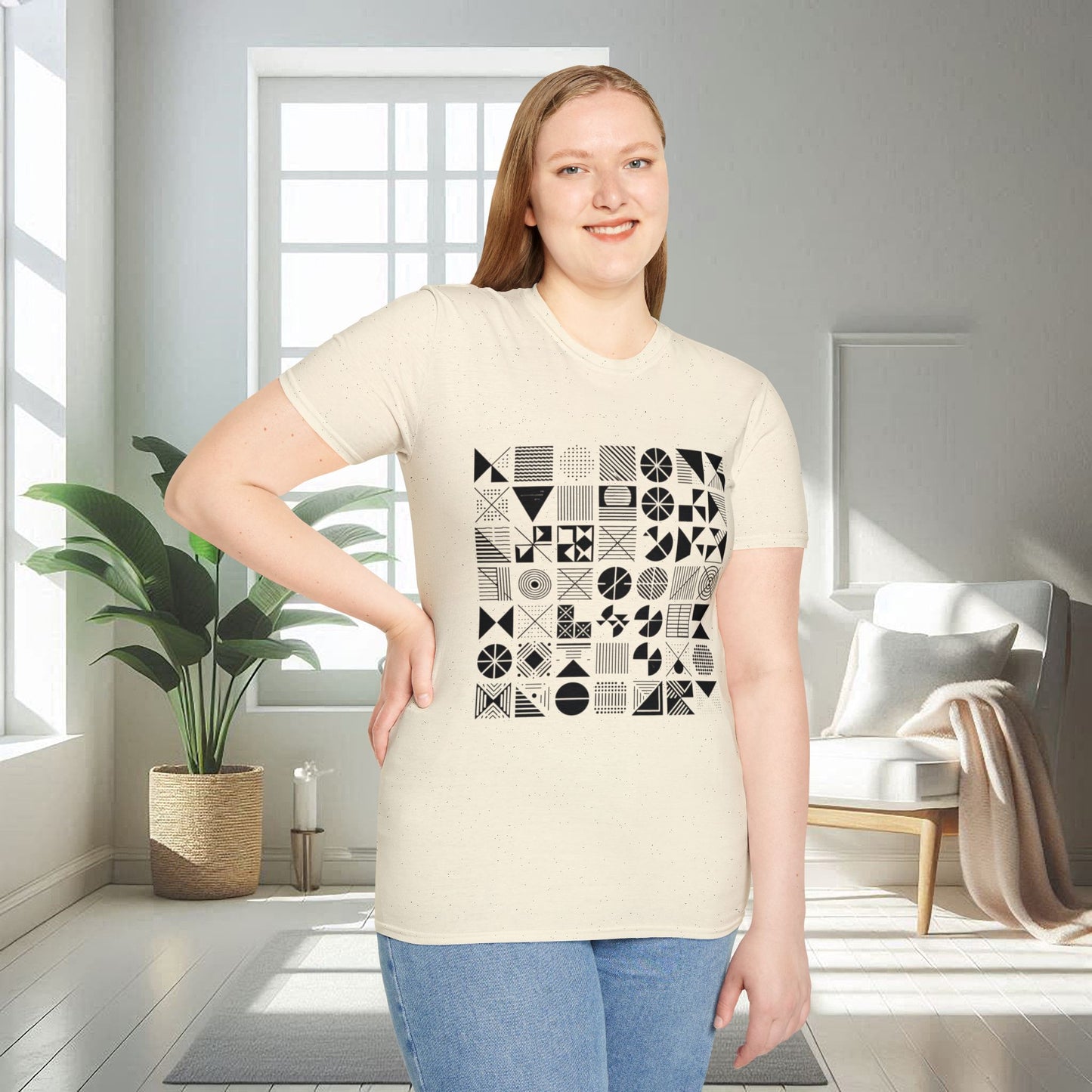 Camiseta unisex suave con diseño geométrico negro