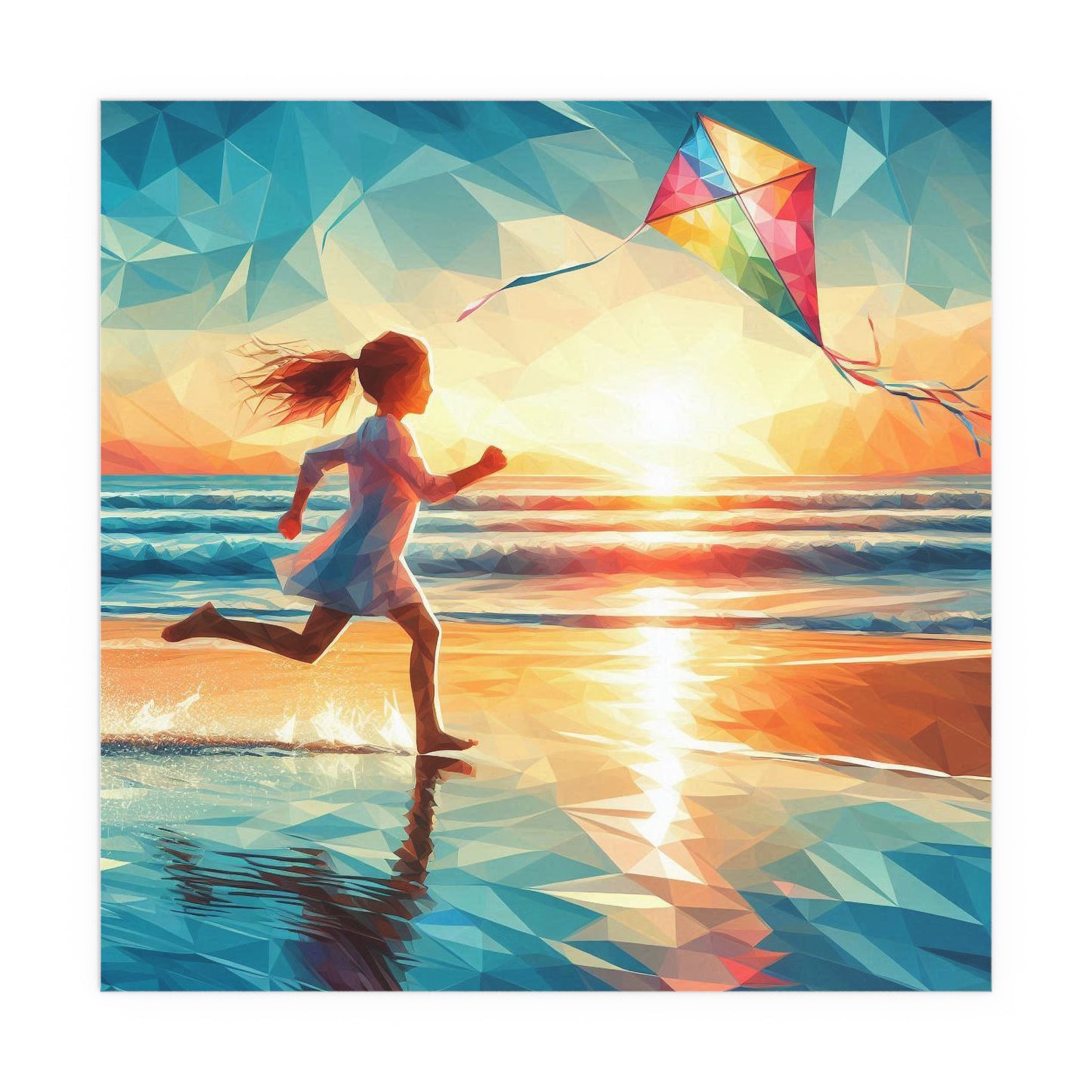 Polyfaceted Kid Chasing a Kite on a Beach | Indoor and Outdoor Silk Poster