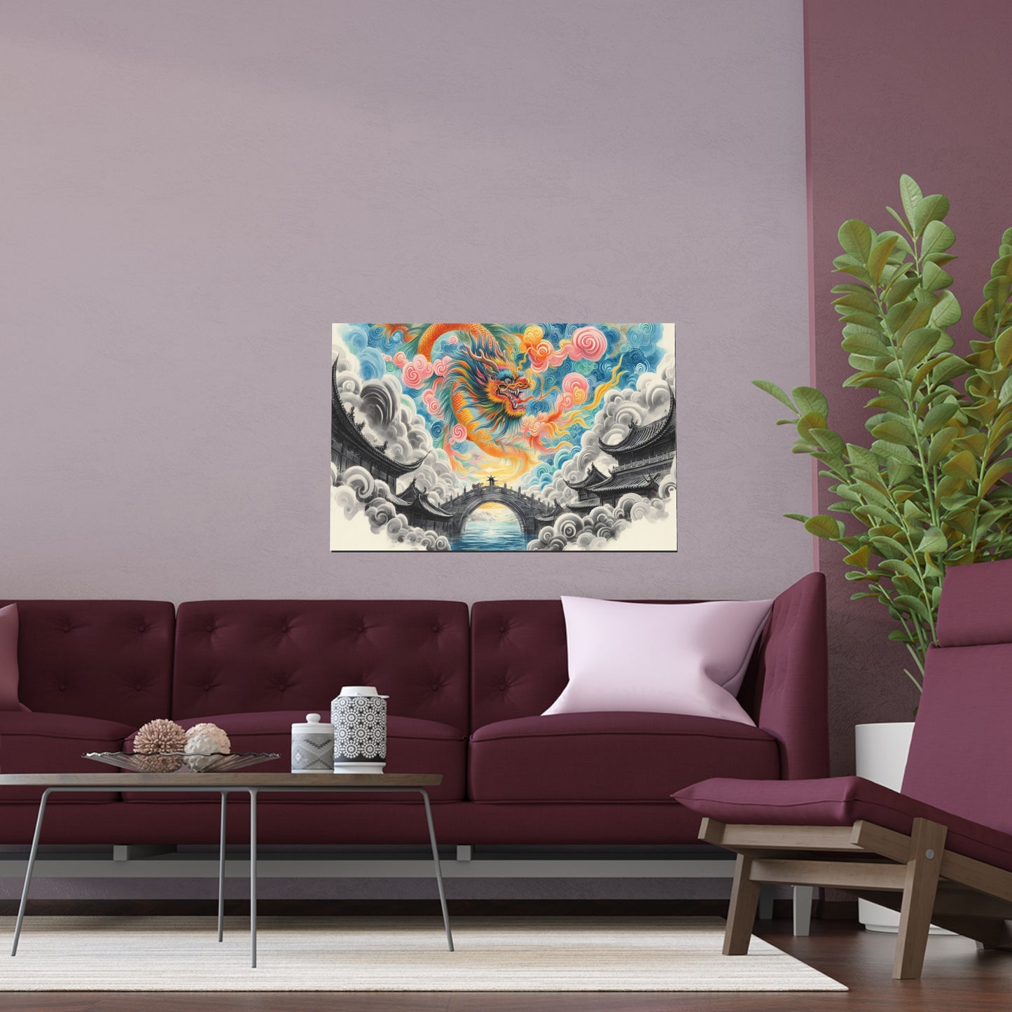 Chinese Neighborhood with Dragon | Indoor and Outdoor Silk Poster