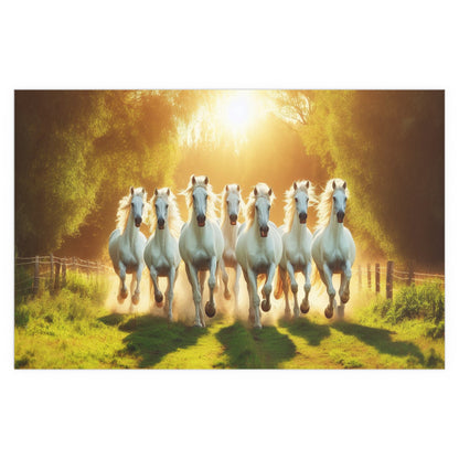 White Horses Running Through A Field | Symbolism of Strength, Energy, Purity | Indoor and Outdoor Silk Poster