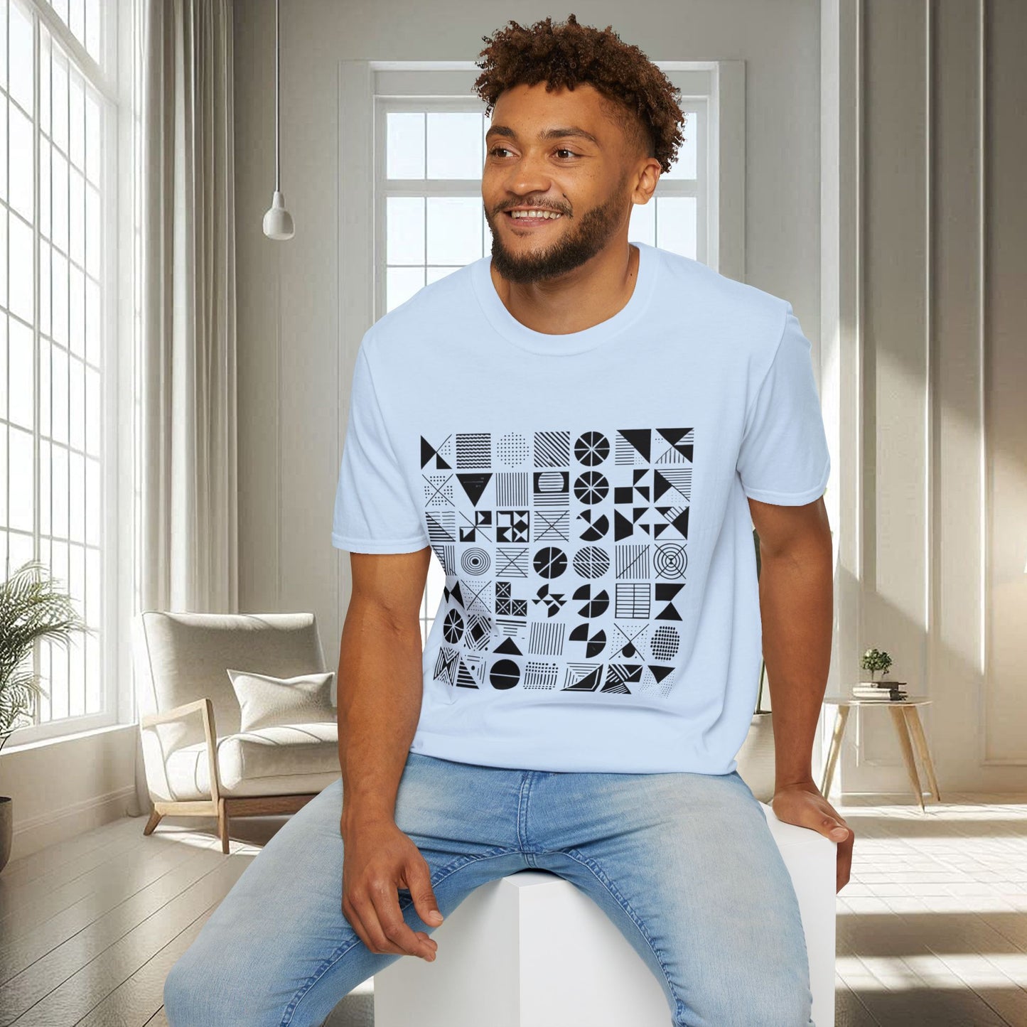 Camiseta unisex suave con diseño geométrico negro