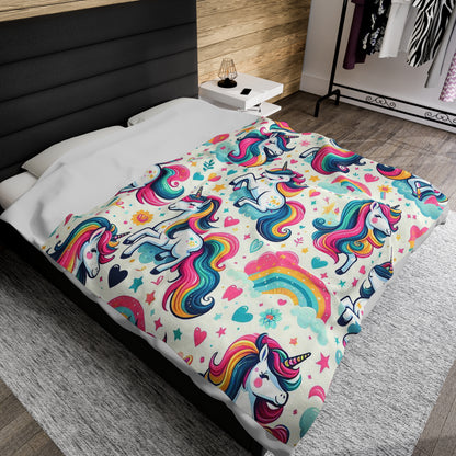 Unicorn And Rainbows | Kid's Velveteen Plush Blanket