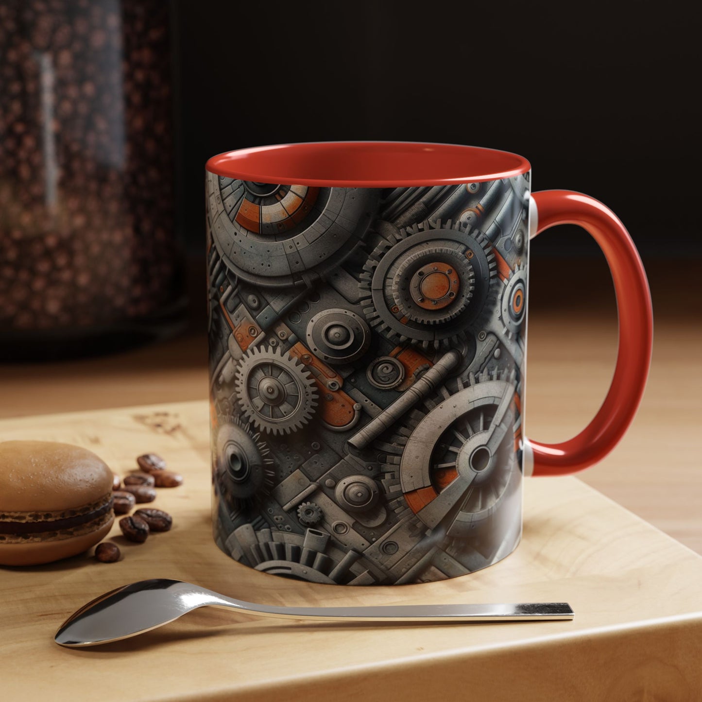 Engranajes, ruedas dentadas y tuberías en 3D | Taza de café con detalles (11 oz)