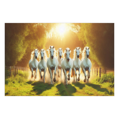 White Horses Running Through A Field | Symbolism of Strength, Energy, Purity | Indoor and Outdoor Silk Poster