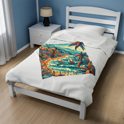 Ocean, Mountains, Beach | Velveteen Plush Blanket