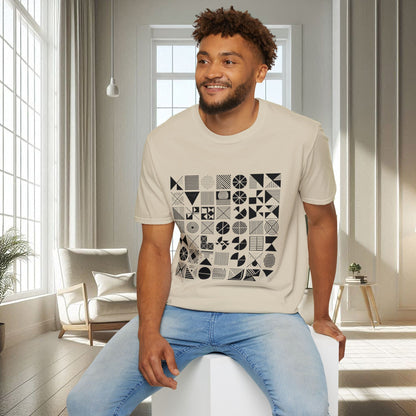 Camiseta unisex suave con diseño geométrico negro