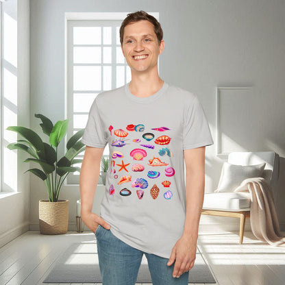 Camiseta unisex suave con conchas marinas multicolores