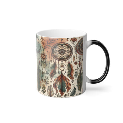 Attrape-rêves, plumes et croissant de lune | Tasse à changement de couleur, 11 oz