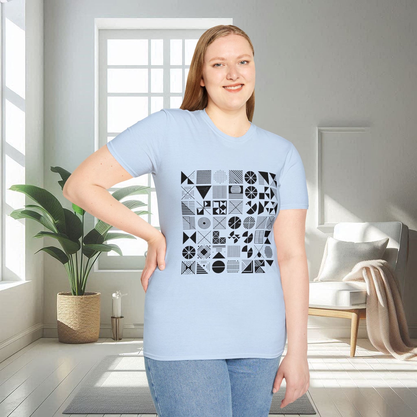 Camiseta unisex suave con diseño geométrico negro