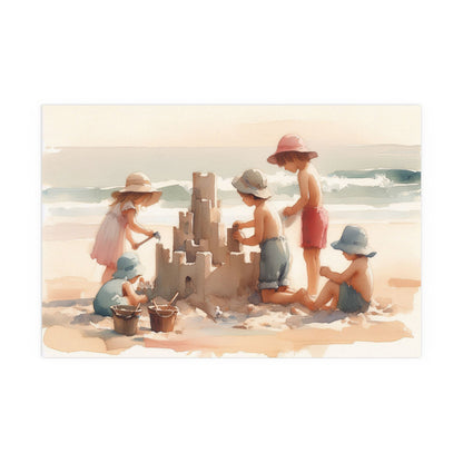 Kids building a Sandcastle on a Beach | Indoor and Outdoor Silk Poster