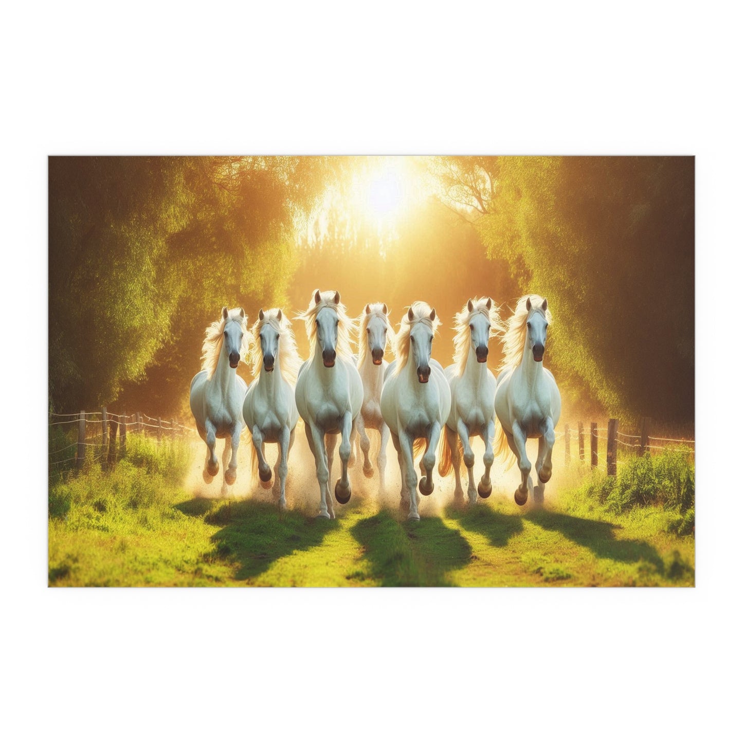 White Horses Running Through A Field | Symbolism of Strength, Energy, Purity | Indoor and Outdoor Silk Poster