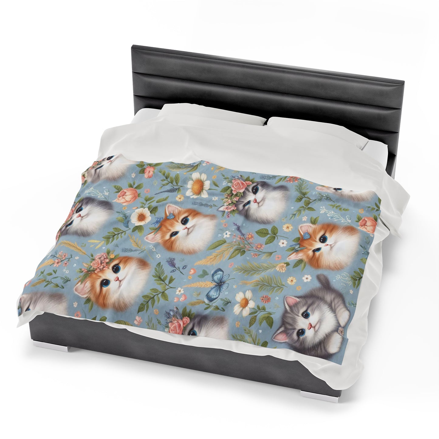 Kittens And Flowers | Kid's Velveteen Plush Blanket