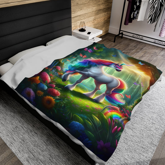 Unicorn In A Surreal Background | Kid's Velveteen Plush Blanket