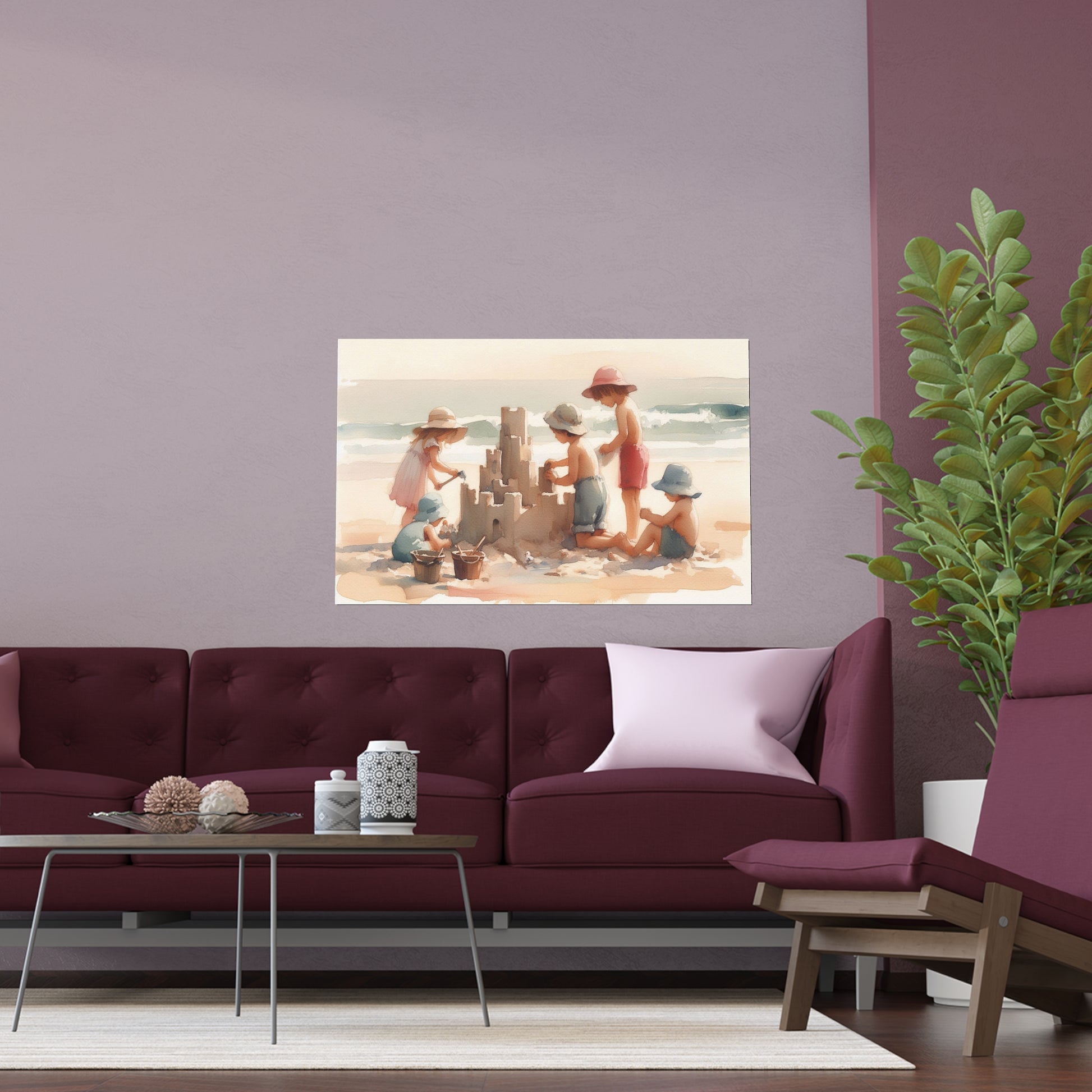 Kids building a Sandcastle on a Beach | Indoor and Outdoor Silk Poster