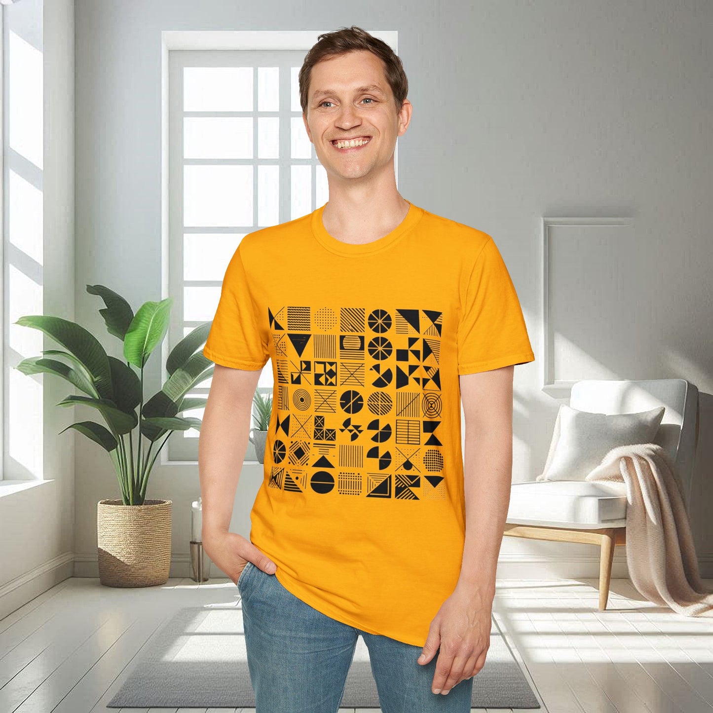 Camiseta unisex suave con diseño geométrico negro