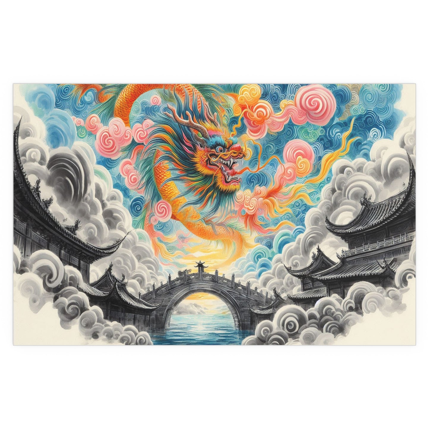 Chinese Neighborhood with Dragon | Indoor and Outdoor Silk Poster