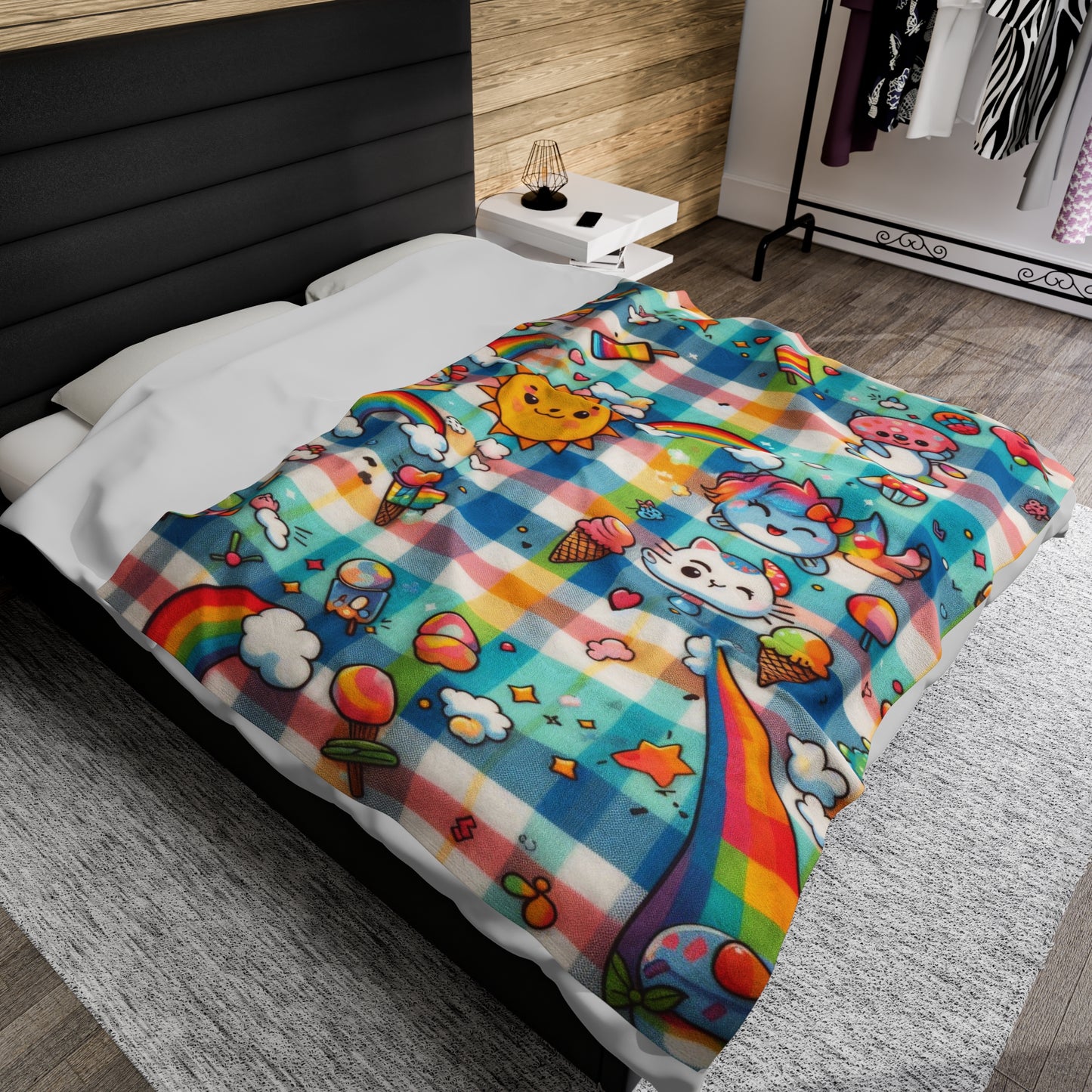 Sun, Rainbow, Stars, Ice-Cream | Kid's Velveteen Plush Blanket