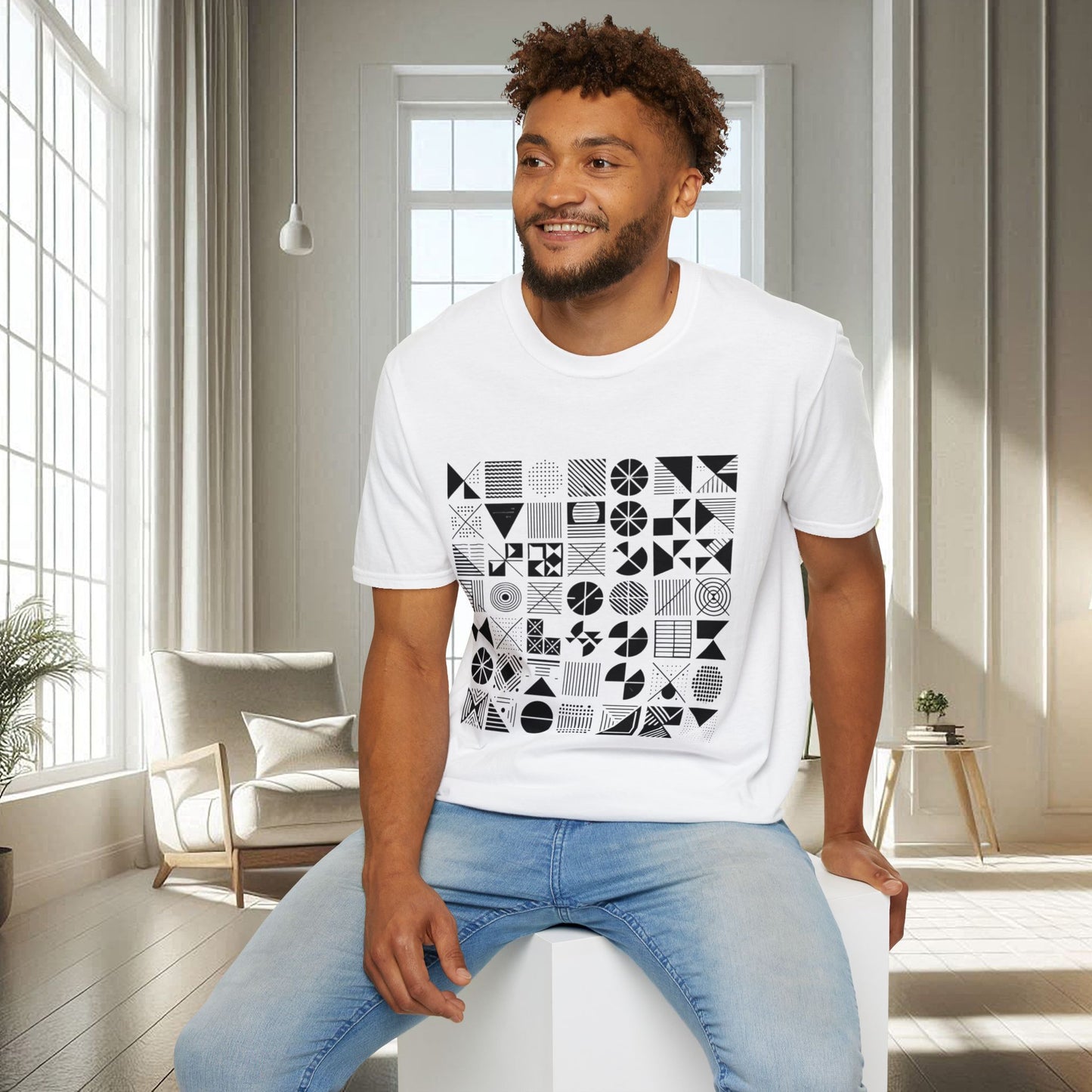 Camiseta unisex suave con diseño geométrico negro