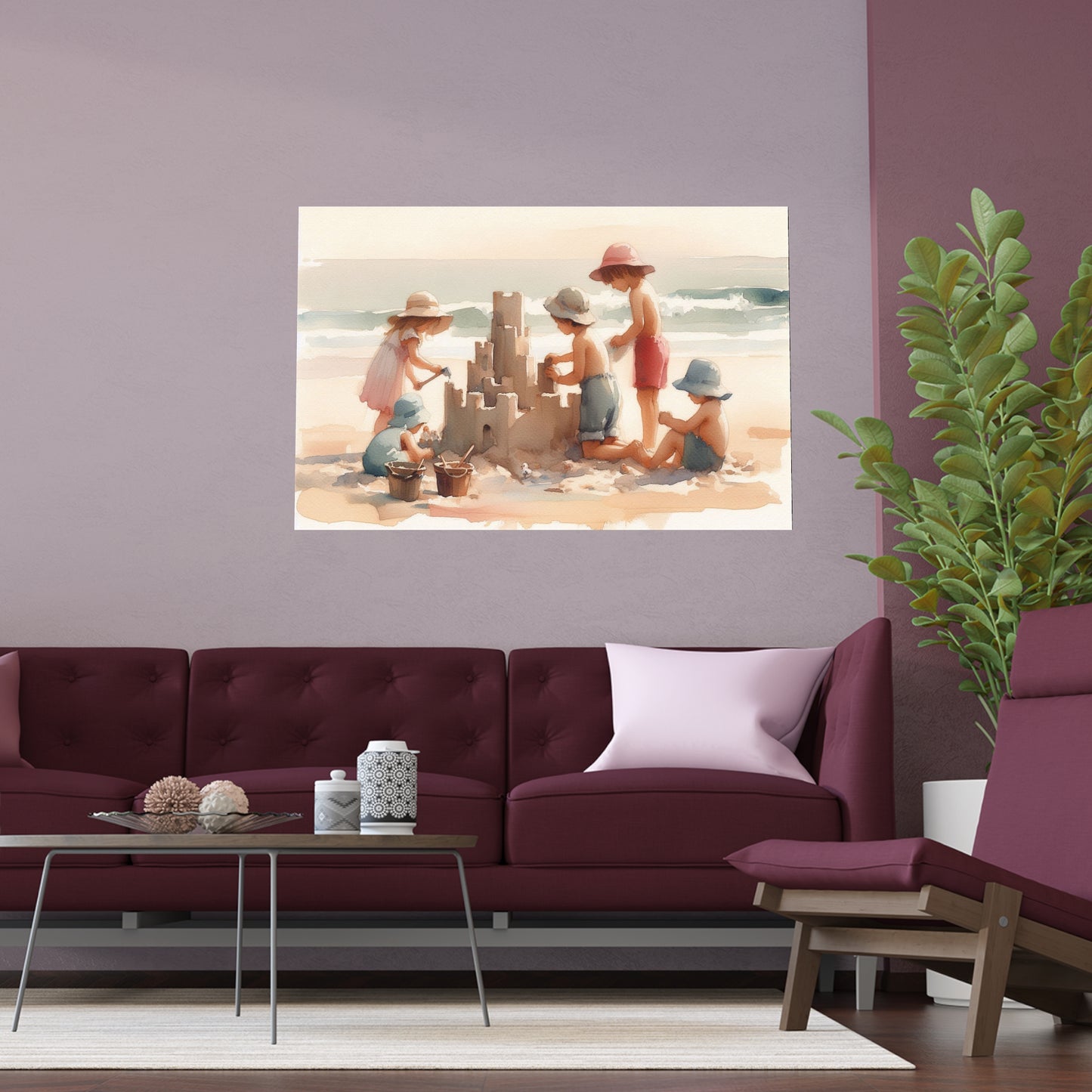 Kids building a Sandcastle on a Beach | Indoor and Outdoor Silk Poster