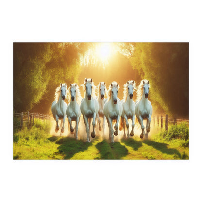 White Horses Running Through A Field | Symbolism of Strength, Energy, Purity | Indoor and Outdoor Silk Poster