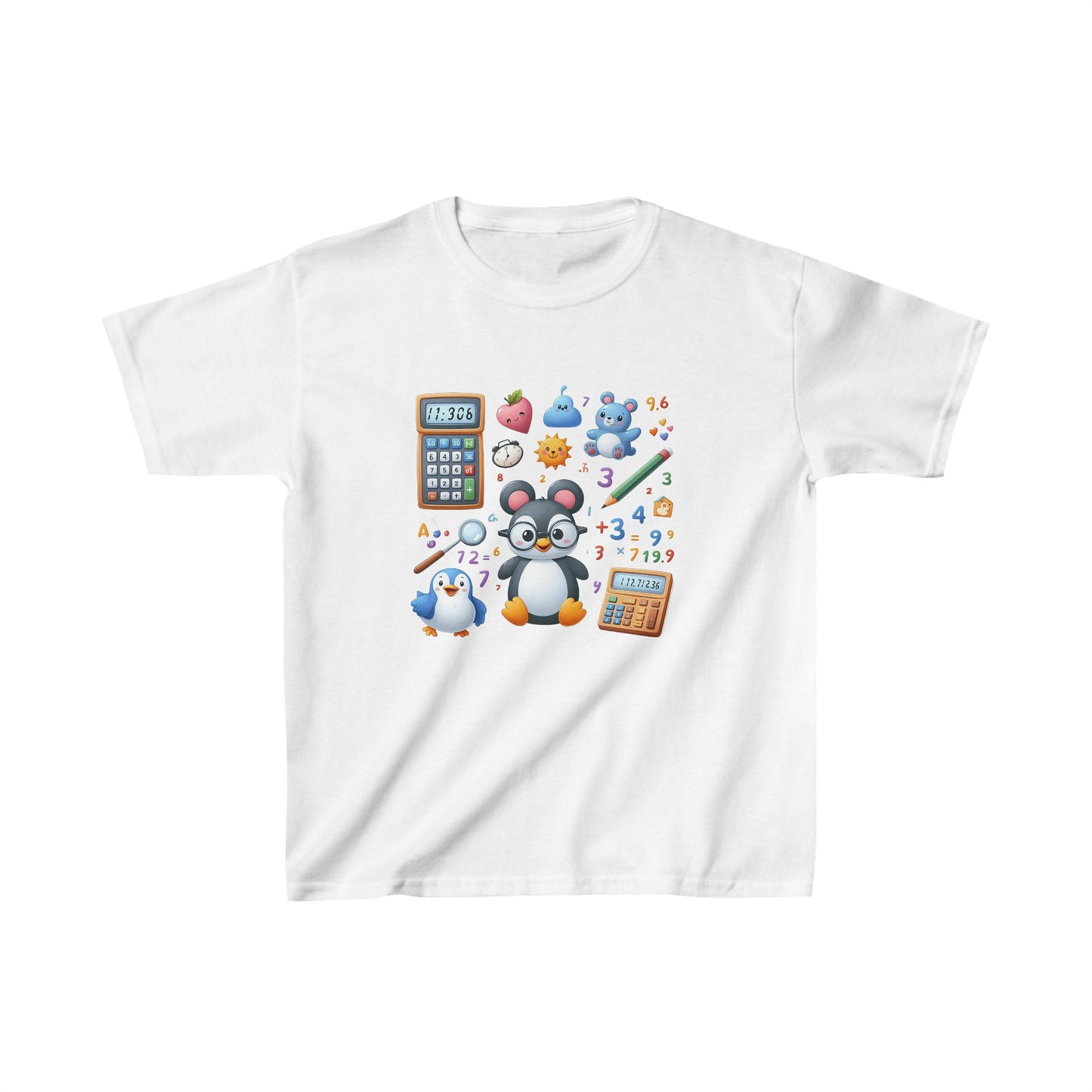 Pingüino aprendiendo matemáticas | Camiseta de algodón pesado para niños