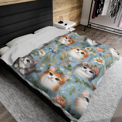 Kittens And Flowers | Kid's Velveteen Plush Blanket