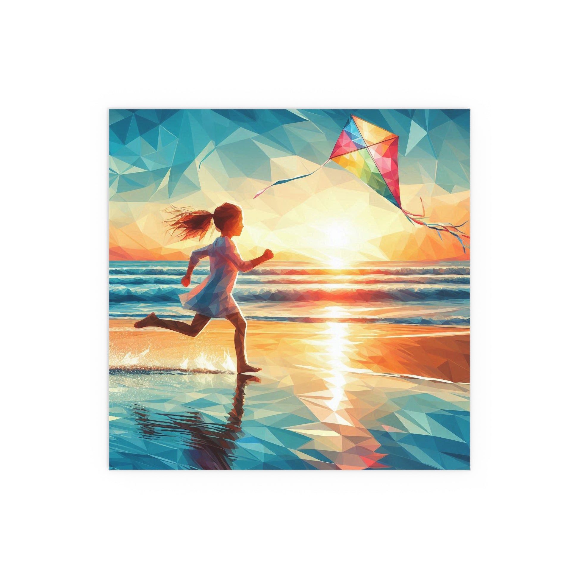 Polyfaceted Kid Chasing a Kite on a Beach | Indoor and Outdoor Silk Poster