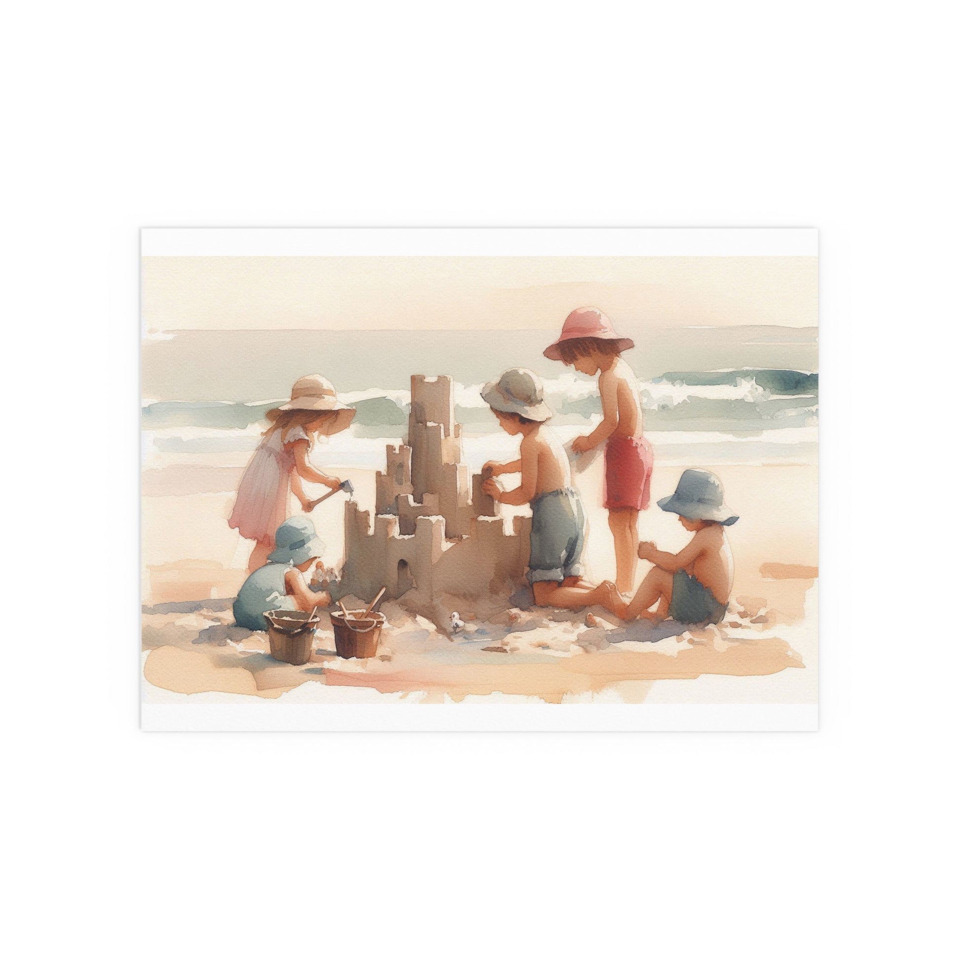 Kids building a Sandcastle on a Beach | Indoor and Outdoor Silk Poster