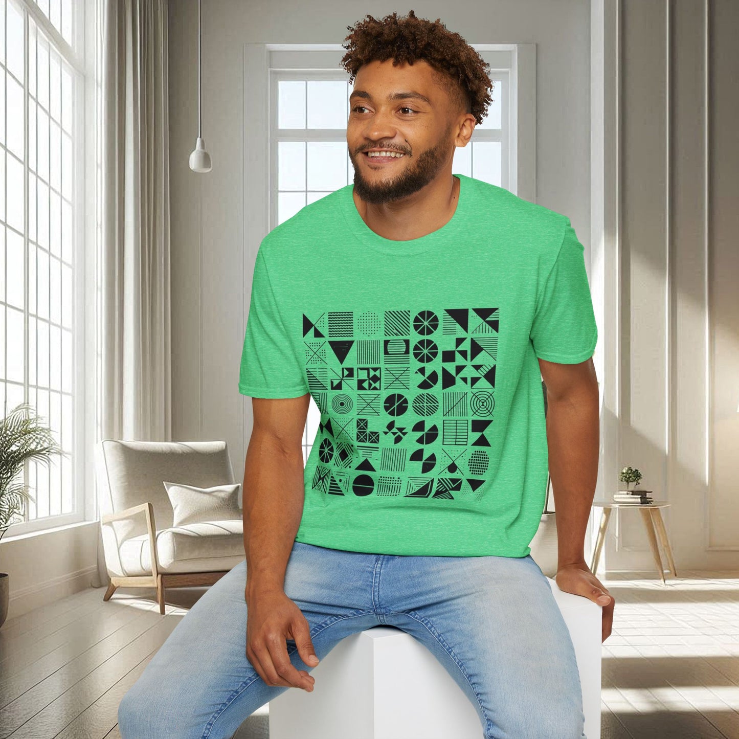 Camiseta unisex suave con diseño geométrico negro