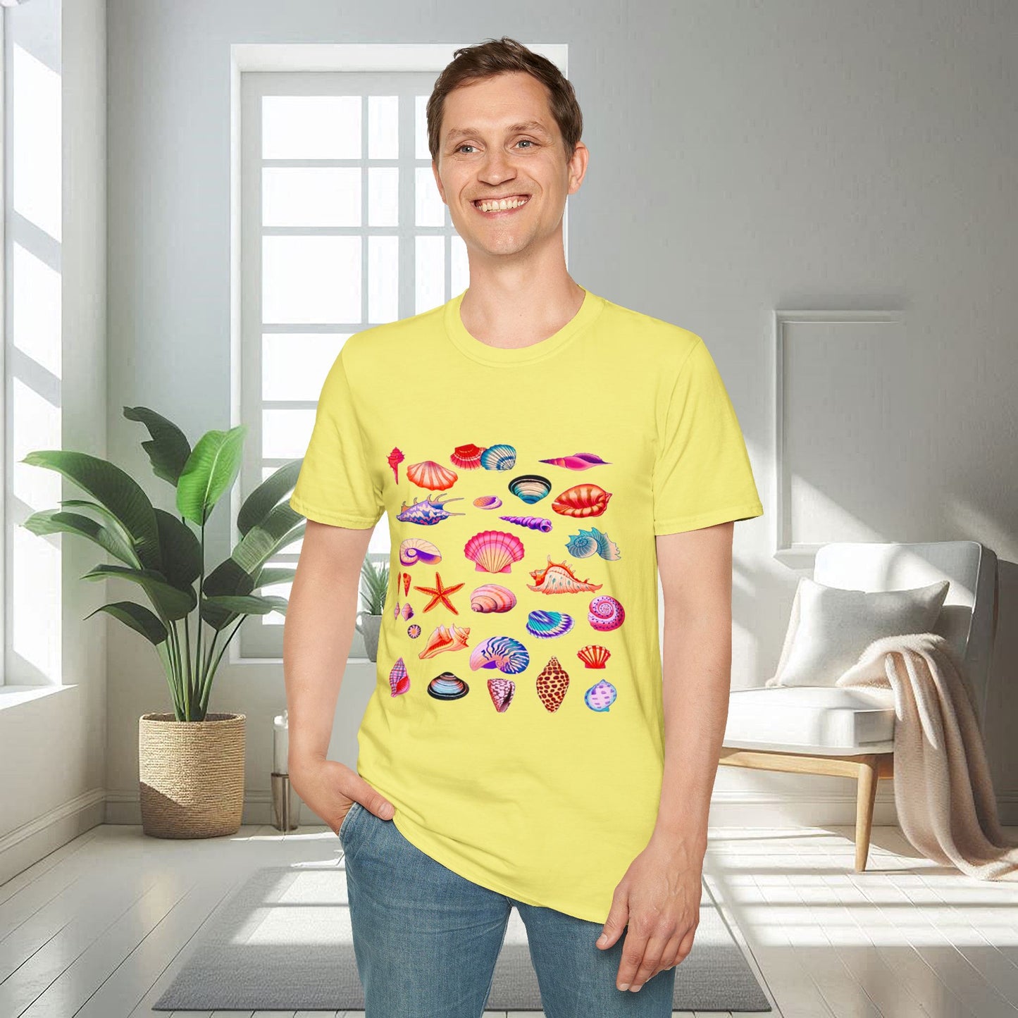 Camiseta unisex suave con conchas marinas multicolores