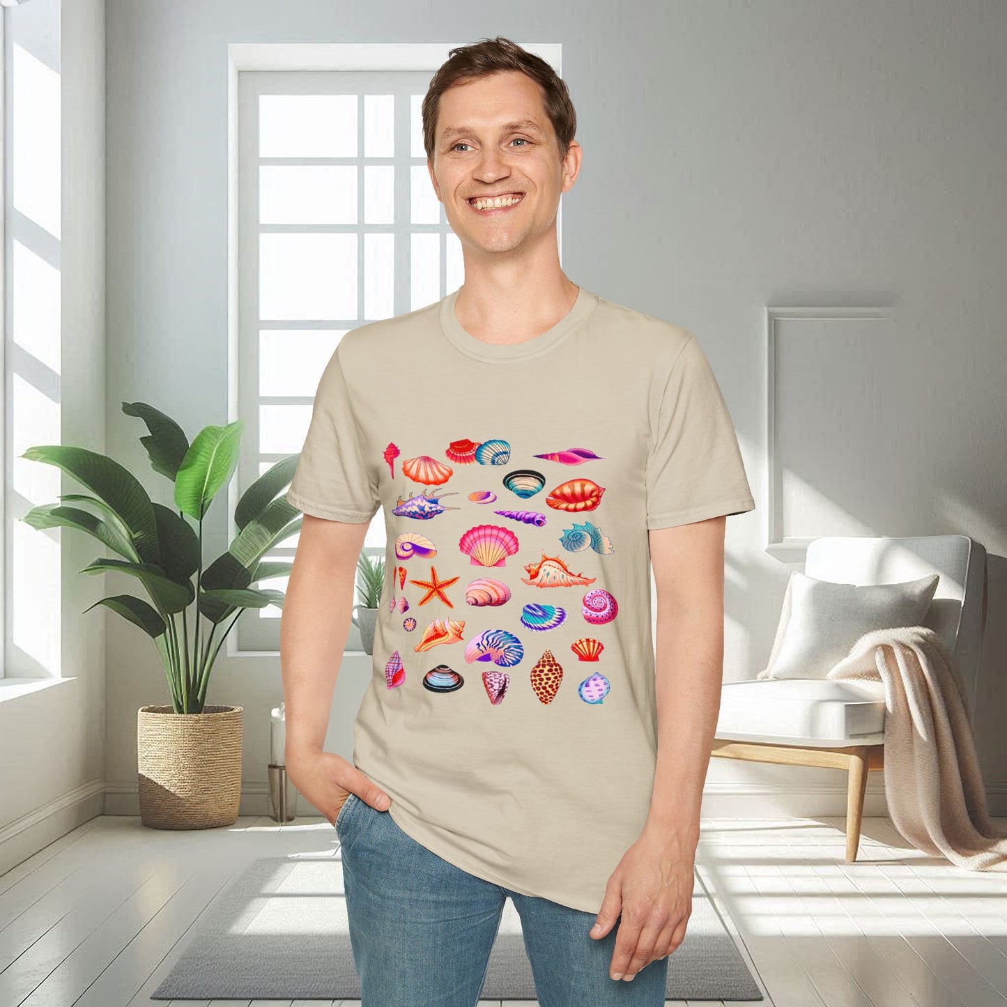 Camiseta unisex suave con conchas marinas multicolores