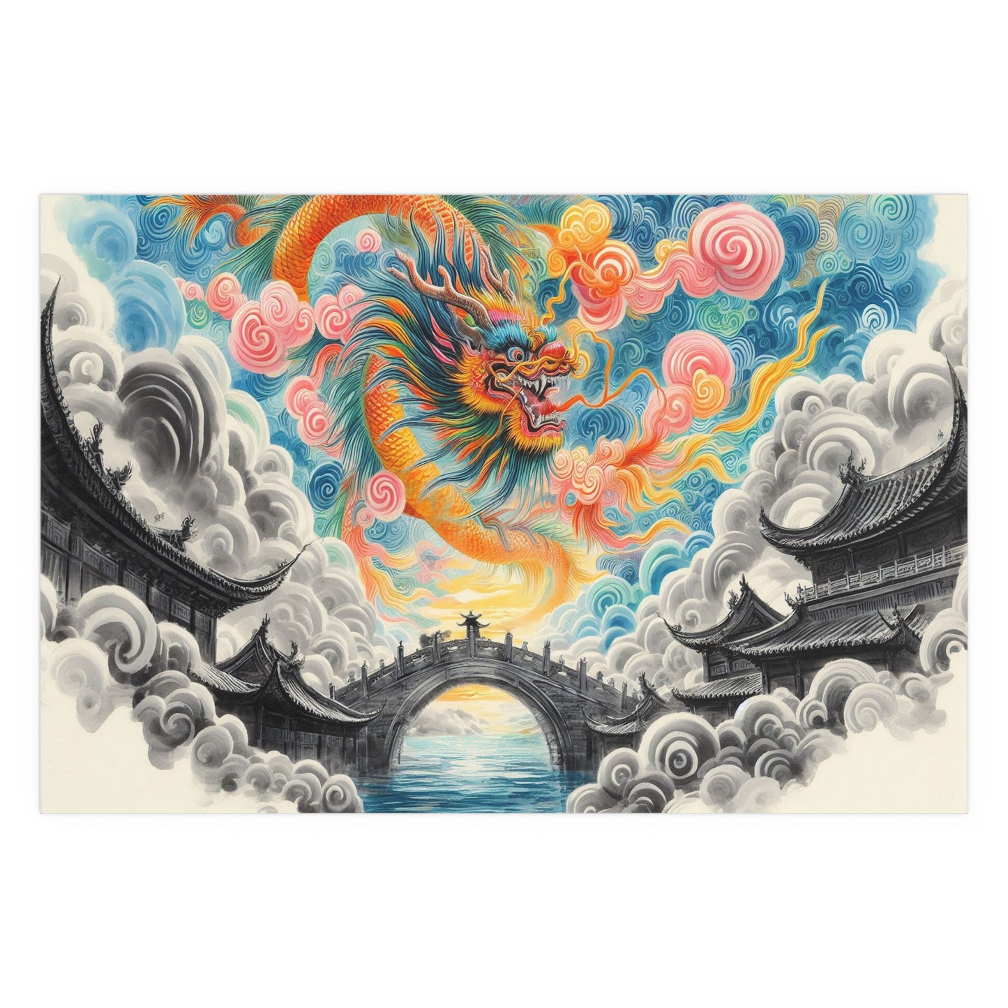 Chinese Neighborhood with Dragon | Indoor and Outdoor Silk Poster