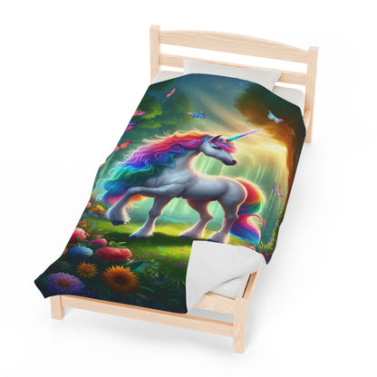 Unicorn In A Surreal Background | Kid's Velveteen Plush Blanket