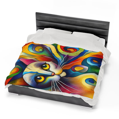 Cat On A Multicolored Background | Velveteen Plush Blanket