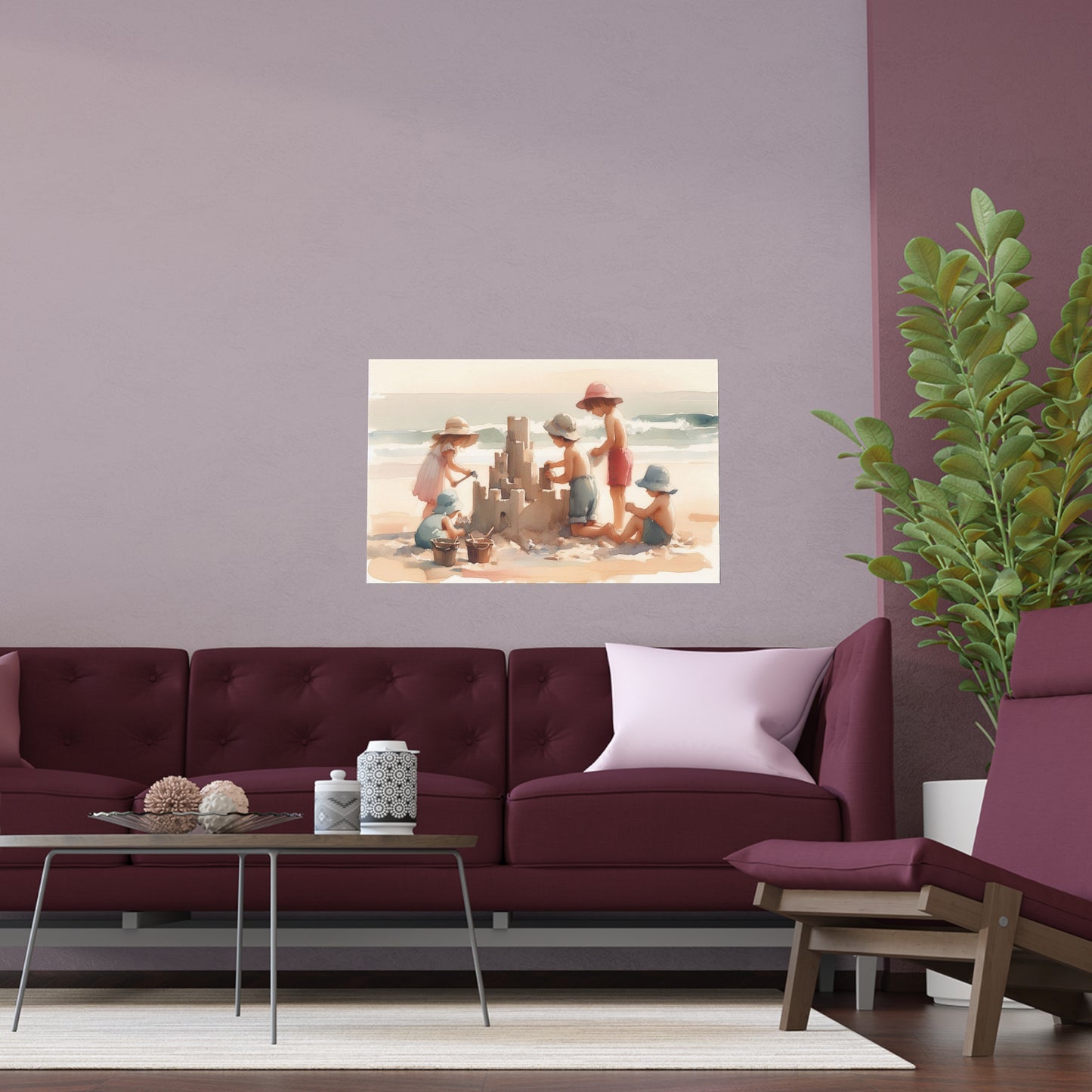 Kids building a Sandcastle on a Beach | Indoor and Outdoor Silk Poster