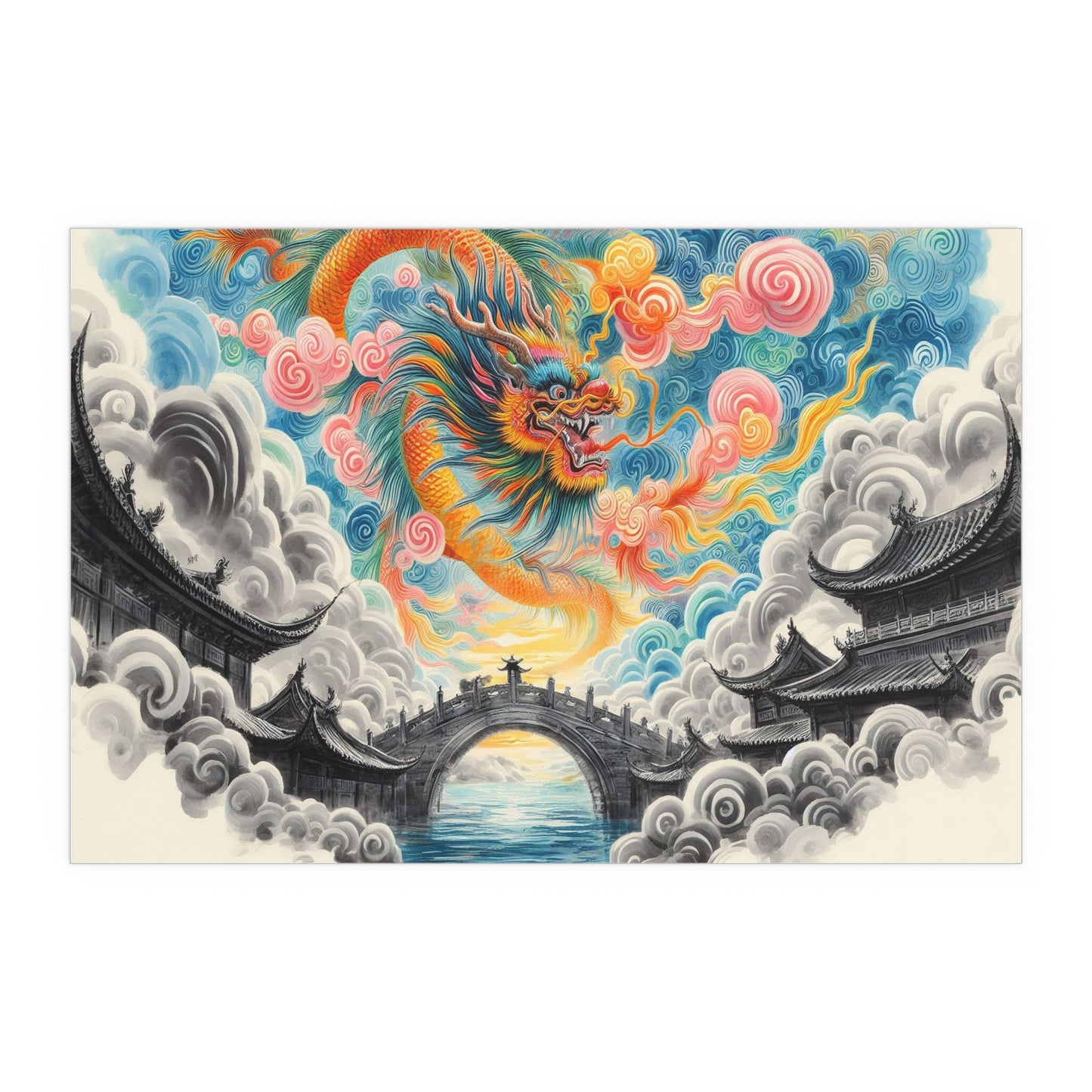 Chinese Neighborhood with Dragon | Indoor and Outdoor Silk Poster