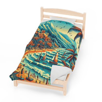 Ocean, Mountains, Beach | Velveteen Plush Blanket