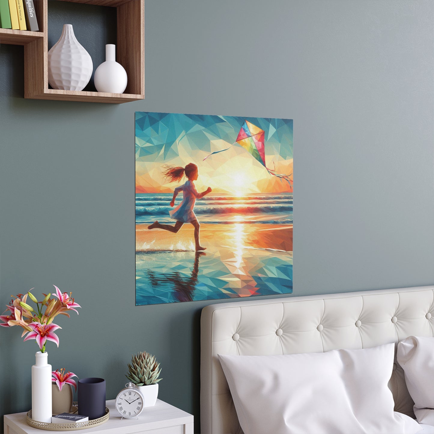 Polyfaceted Kid Chasing a Kite on a Beach | Indoor and Outdoor Silk Poster