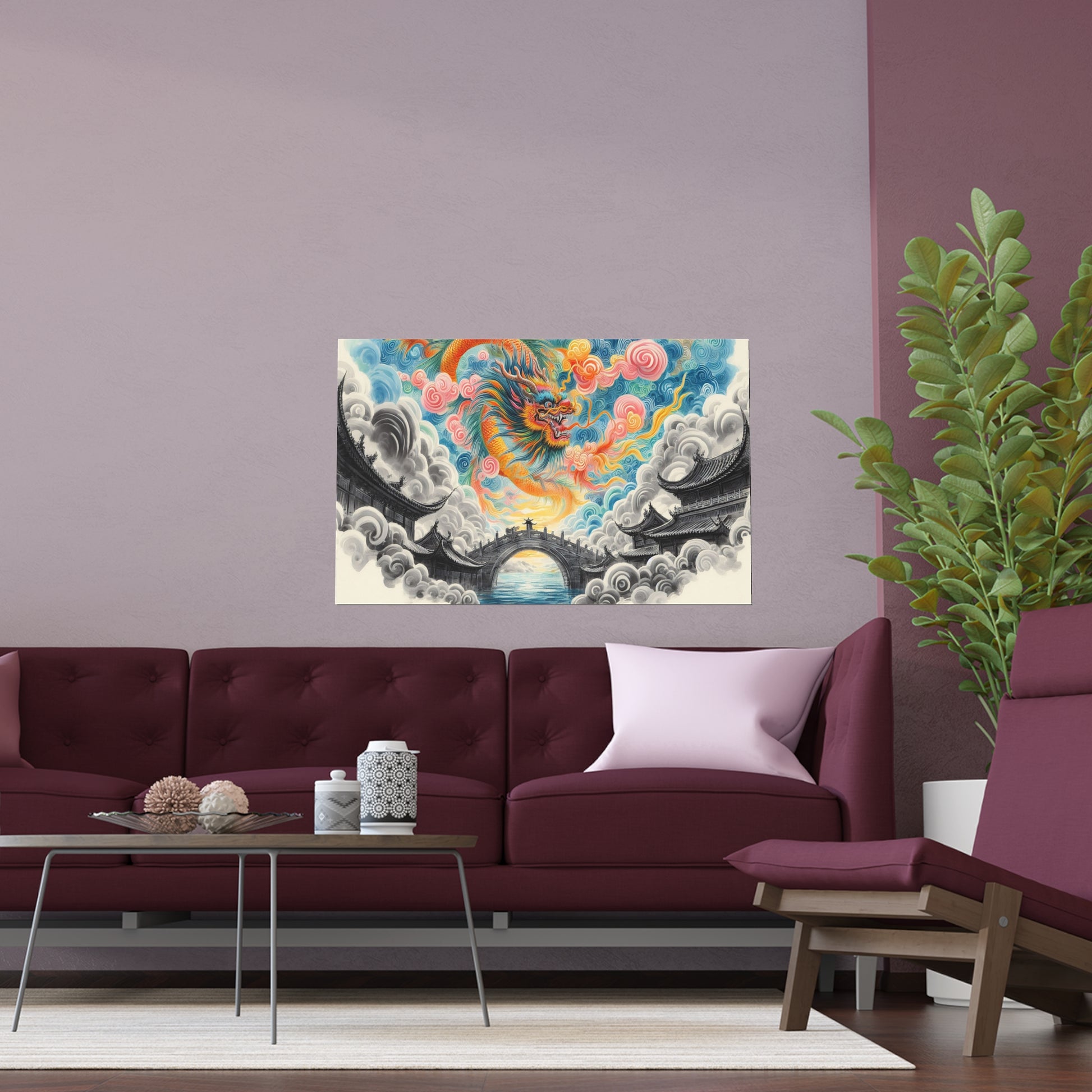 Chinese Neighborhood with Dragon | Indoor and Outdoor Silk Poster