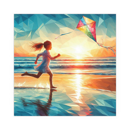 Polyfaceted Kid Chasing a Kite on a Beach | Indoor and Outdoor Silk Poster