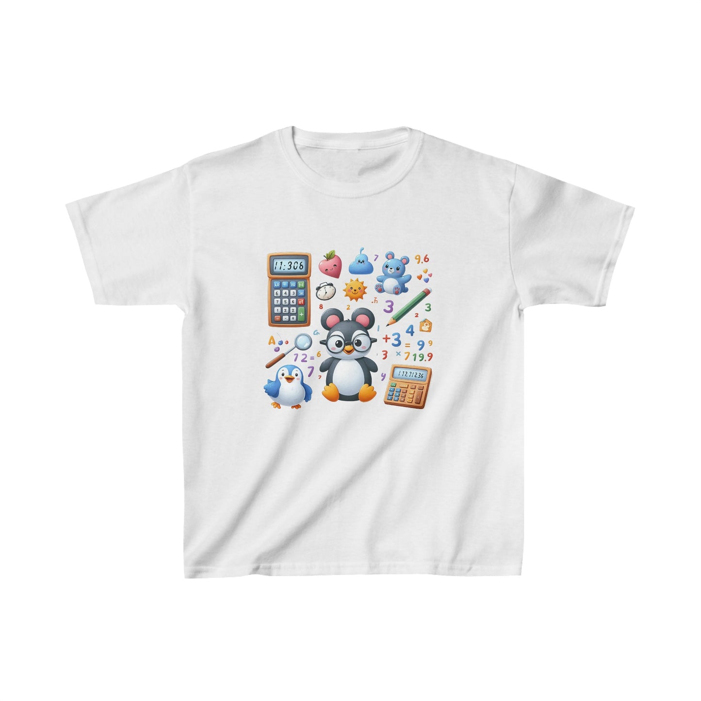 Pingüino aprendiendo matemáticas | Camiseta de algodón pesado para niños