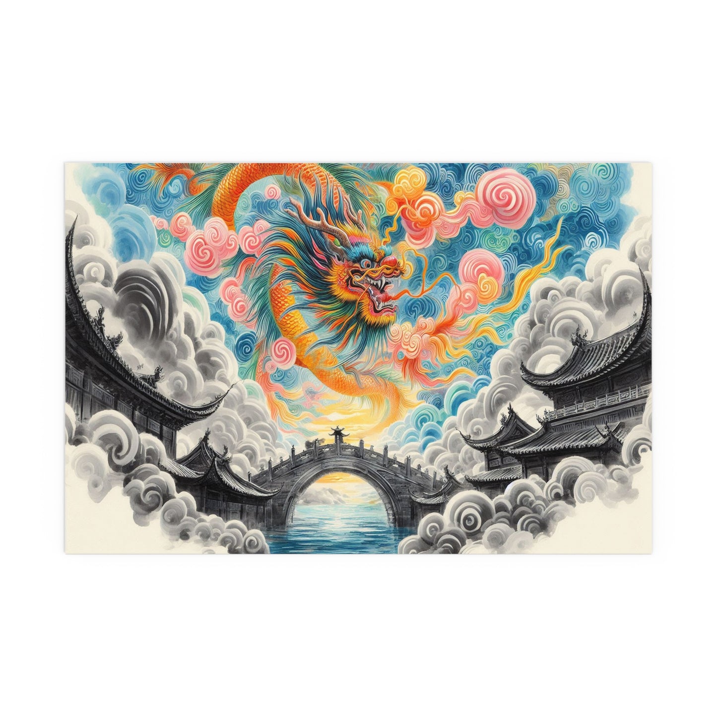 Chinese Neighborhood with Dragon | Indoor and Outdoor Silk Poster