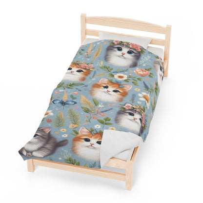 Kittens And Flowers | Kid's Velveteen Plush Blanket