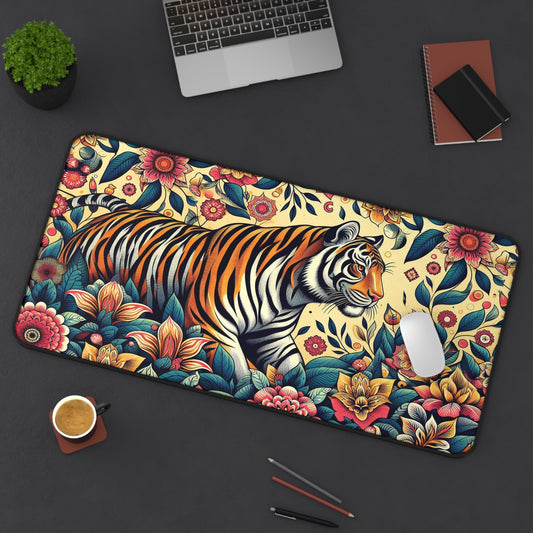 Bengal Tiger on a Floral Background | Desk Mat