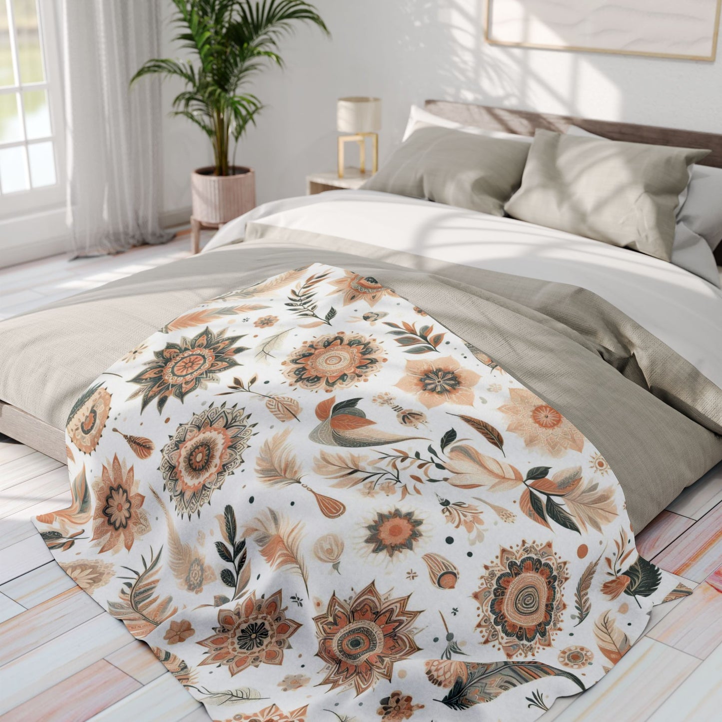 Flower, Feather And Leaves Pattern | Arctic Fleece Blanket