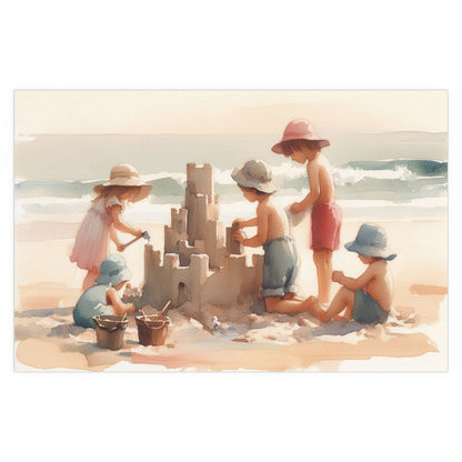 Kids building a Sandcastle on a Beach | Indoor and Outdoor Silk Poster