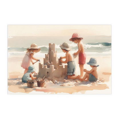 Kids building a Sandcastle on a Beach | Indoor and Outdoor Silk Poster