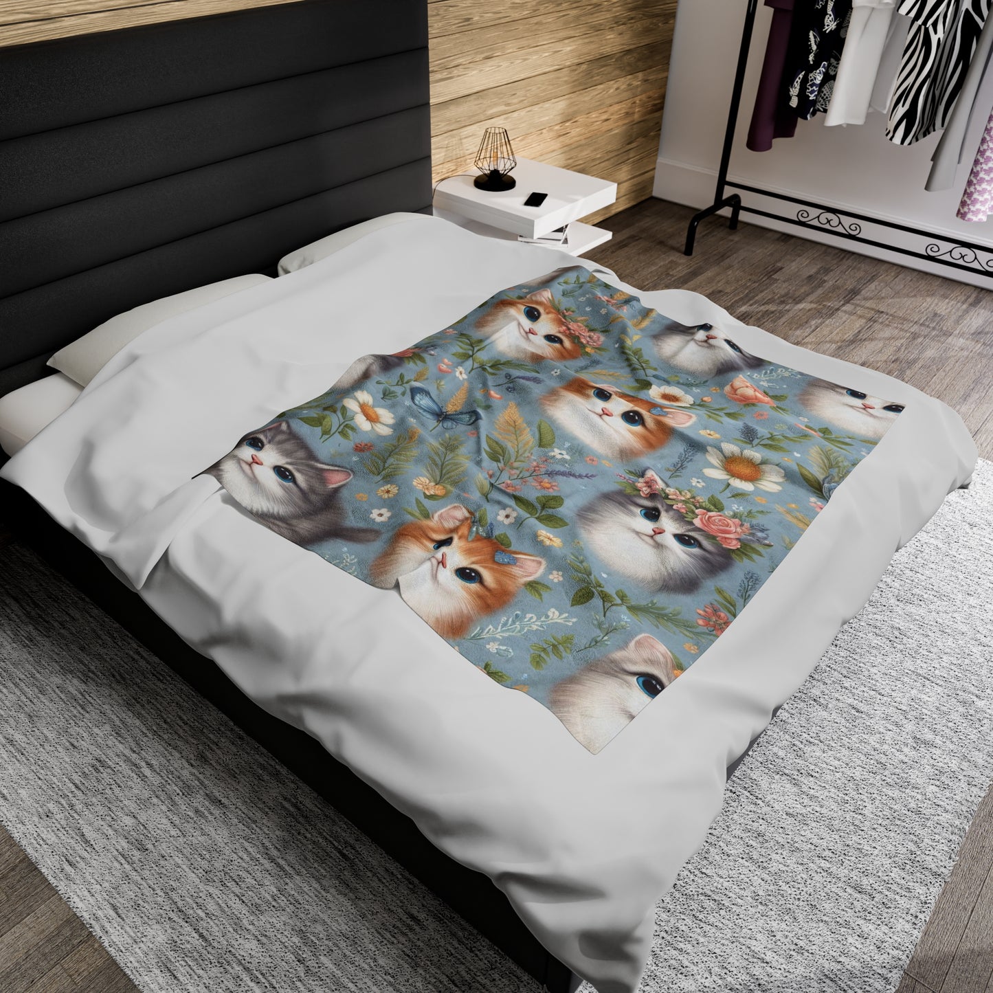 Kittens And Flowers | Kid's Velveteen Plush Blanket