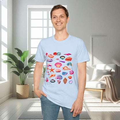 Camiseta unisex suave con conchas marinas multicolores